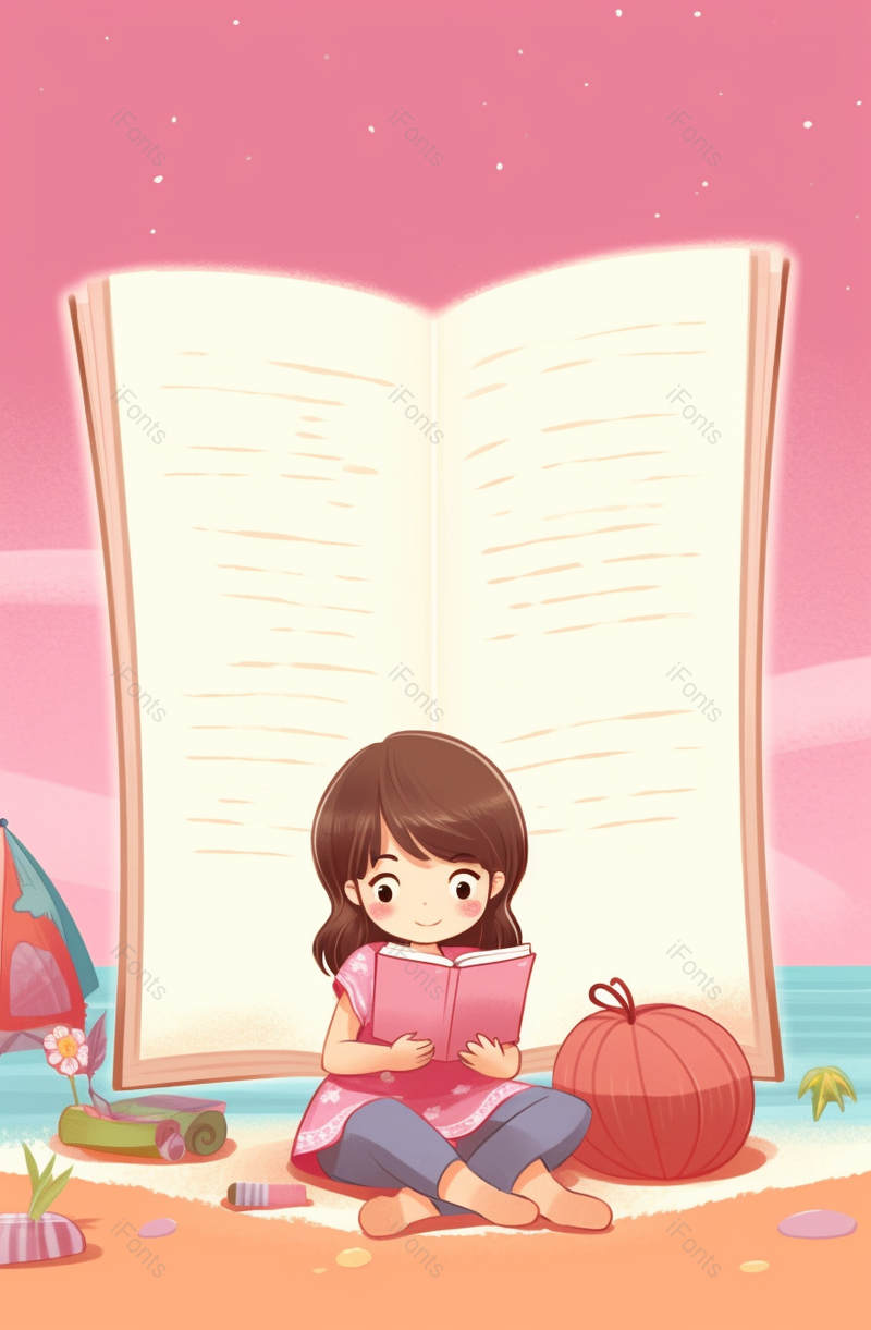粉色系小女孩海边看书卡通效果背景图,插画/手绘图,插画/手绘图库,插画/手绘图下载,插画/手绘
